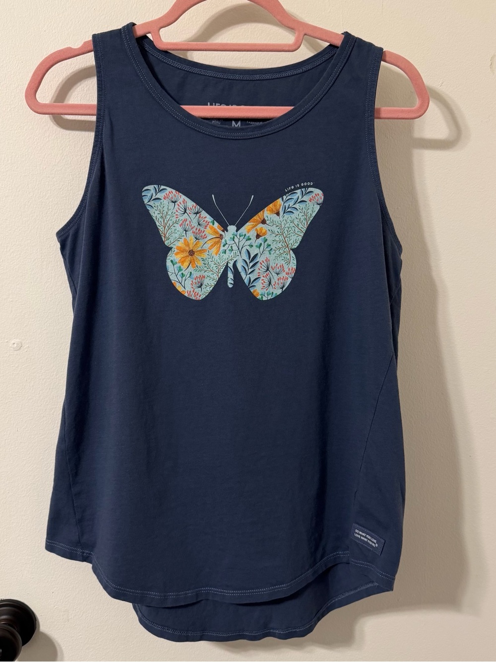 Life is Good Butterfly Floral Blue Tank Top Size Medium